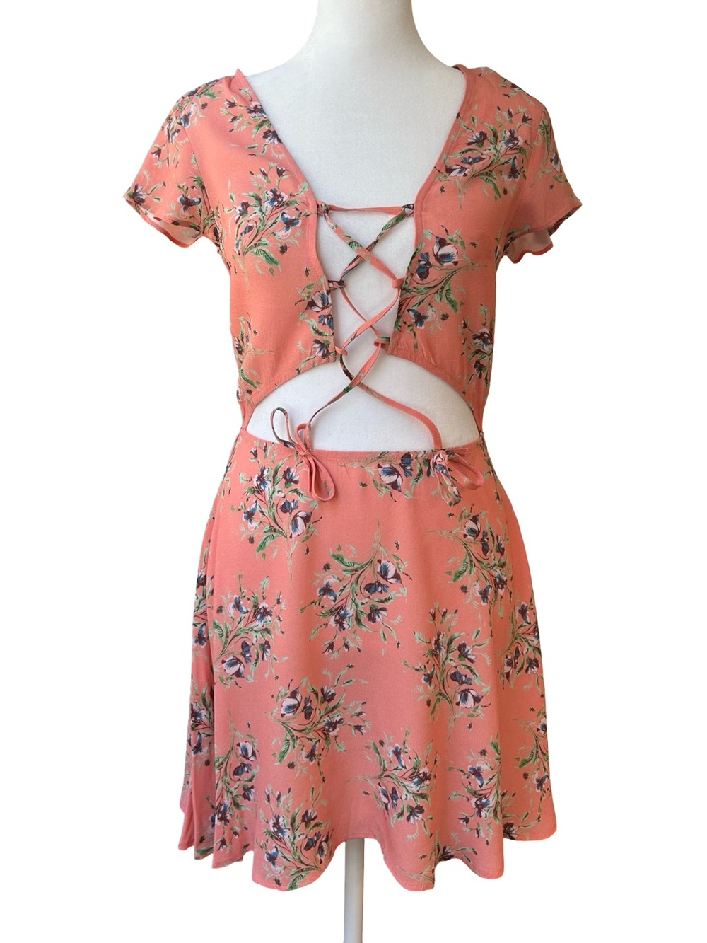 Flynn skye boho pink floral cutout lace up festival beach skate mini dress NWT S